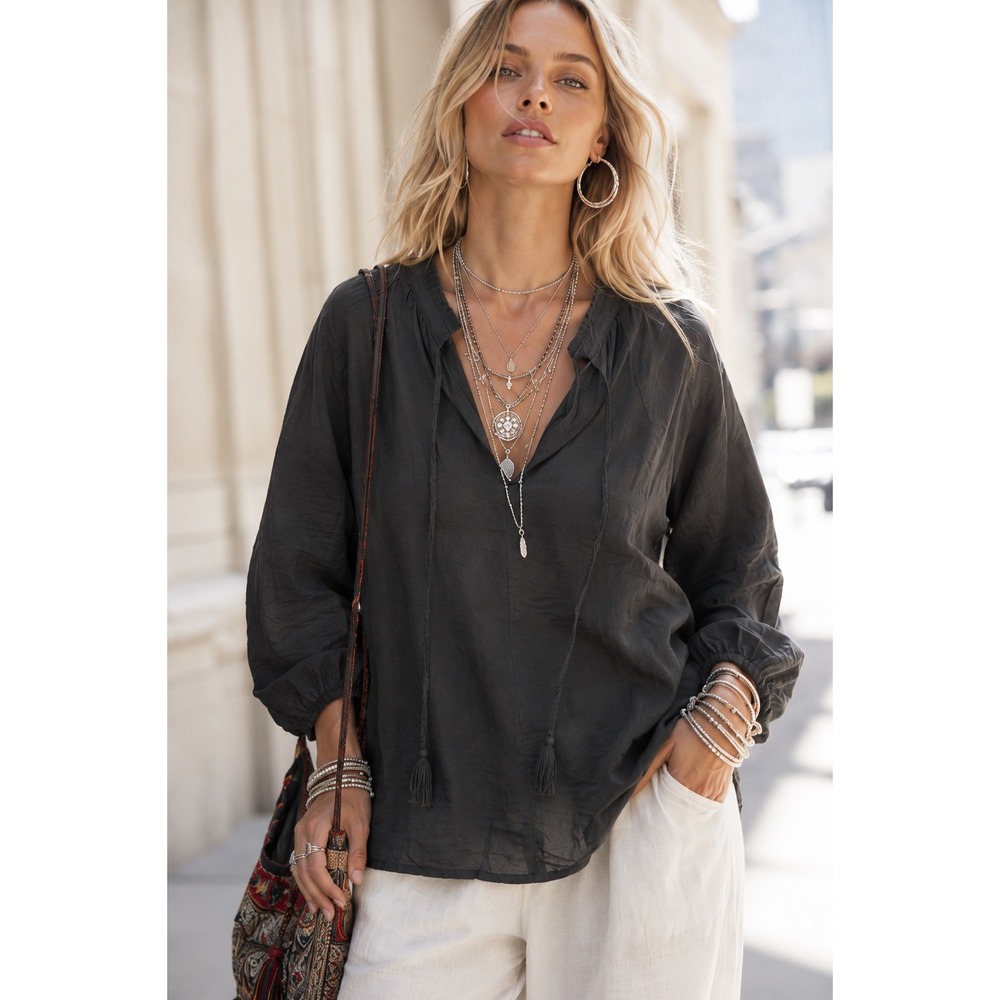 Lucky Brand‎ Womens XS Black Long Sleeve Tassel Tie V-Neck Peasant Blouse